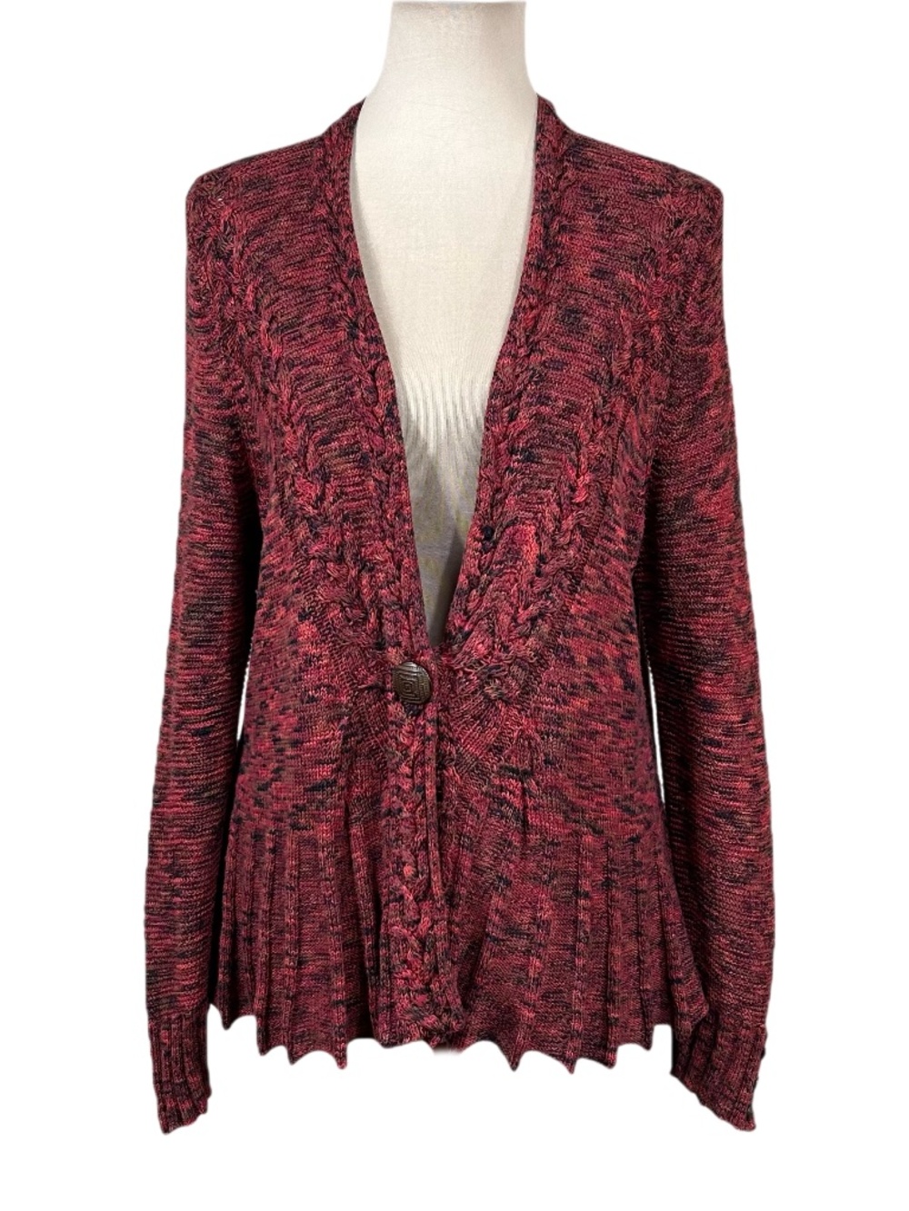 Nic & Zoe Red Marled Knit Peplum Cardigan Sweater Size XL